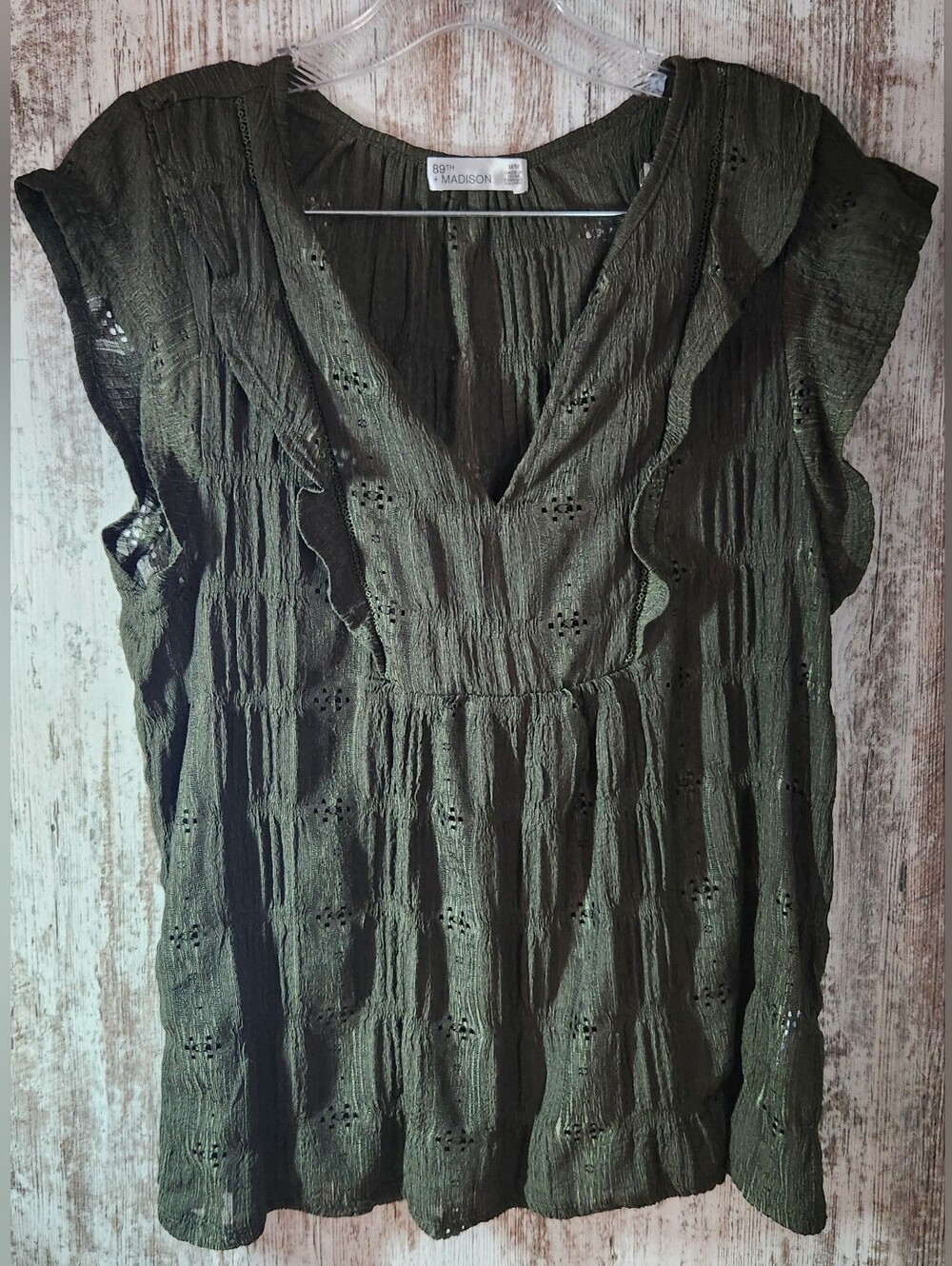89th & Madison Olive Military Eyelet V-Neck Ruffle Blouse